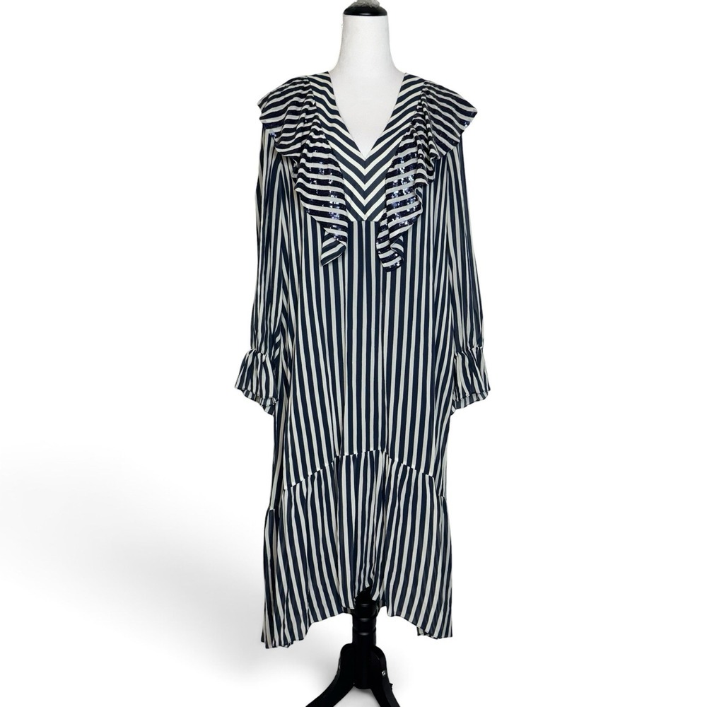 Figue Carla Silk Stripe Sequin Ruffle Midi Dress XL Navy White Tiered Sheer Luxe